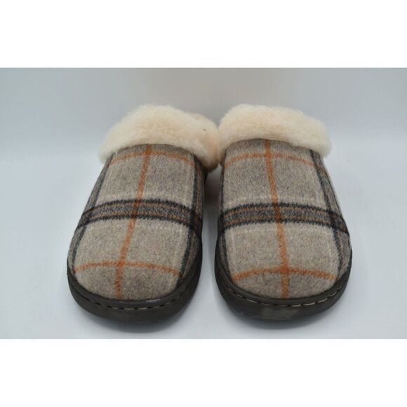 Born Womens Size 11 Ali Genuine Shearling Wool Trim White Plaid Slip On Slippers - Picture 5 of 12